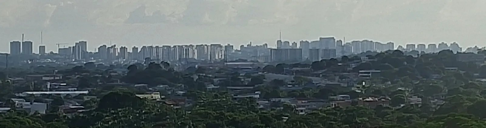 Skyline de Manaus visto à distância, com prédios residenciais e a mata ao redor da cidade