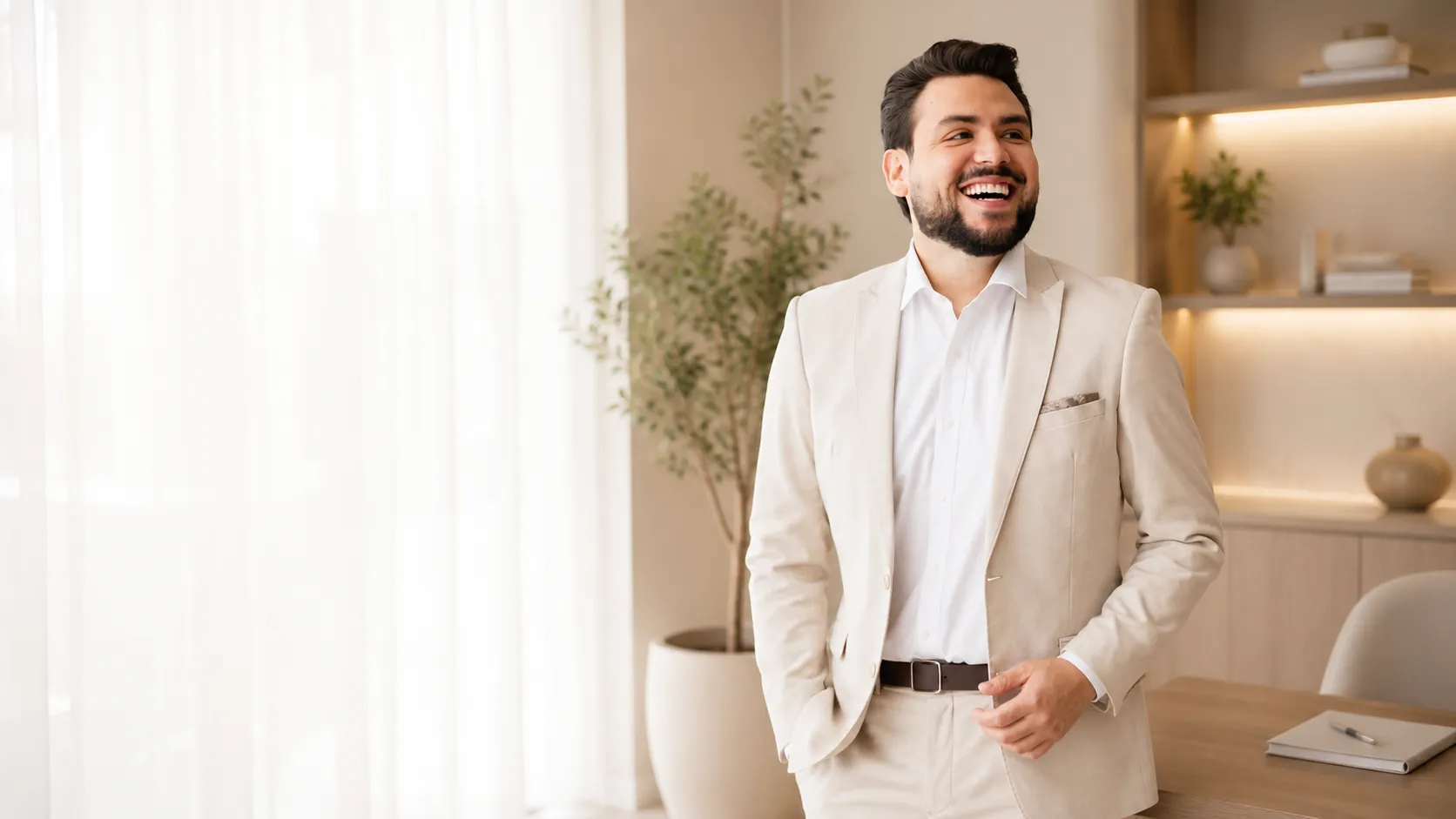 Dr. Marco Antônio sorrindo no consultório, de terno claro