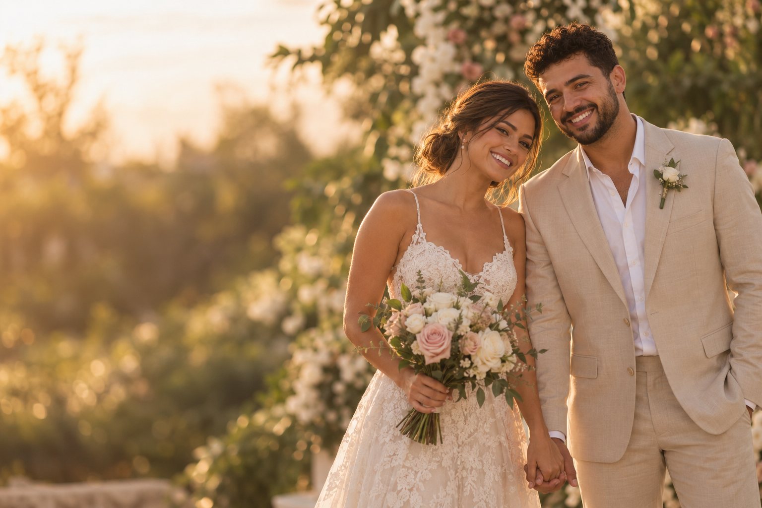 Larissa e Rafael sorrindo, de mãos dadas, com o buquê