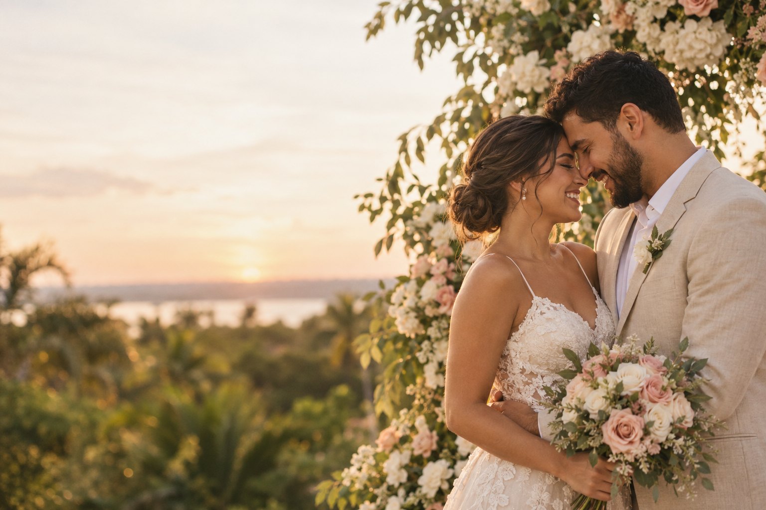 Larissa e Rafael abraçados sob um arco de flores claras, no fim da tarde
