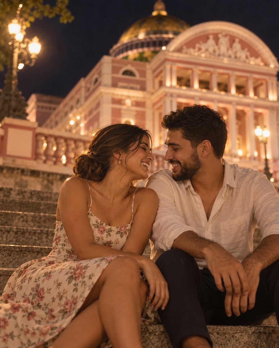 Larissa e Rafael jovens, sentados na escadaria do Teatro Amazonas à noite