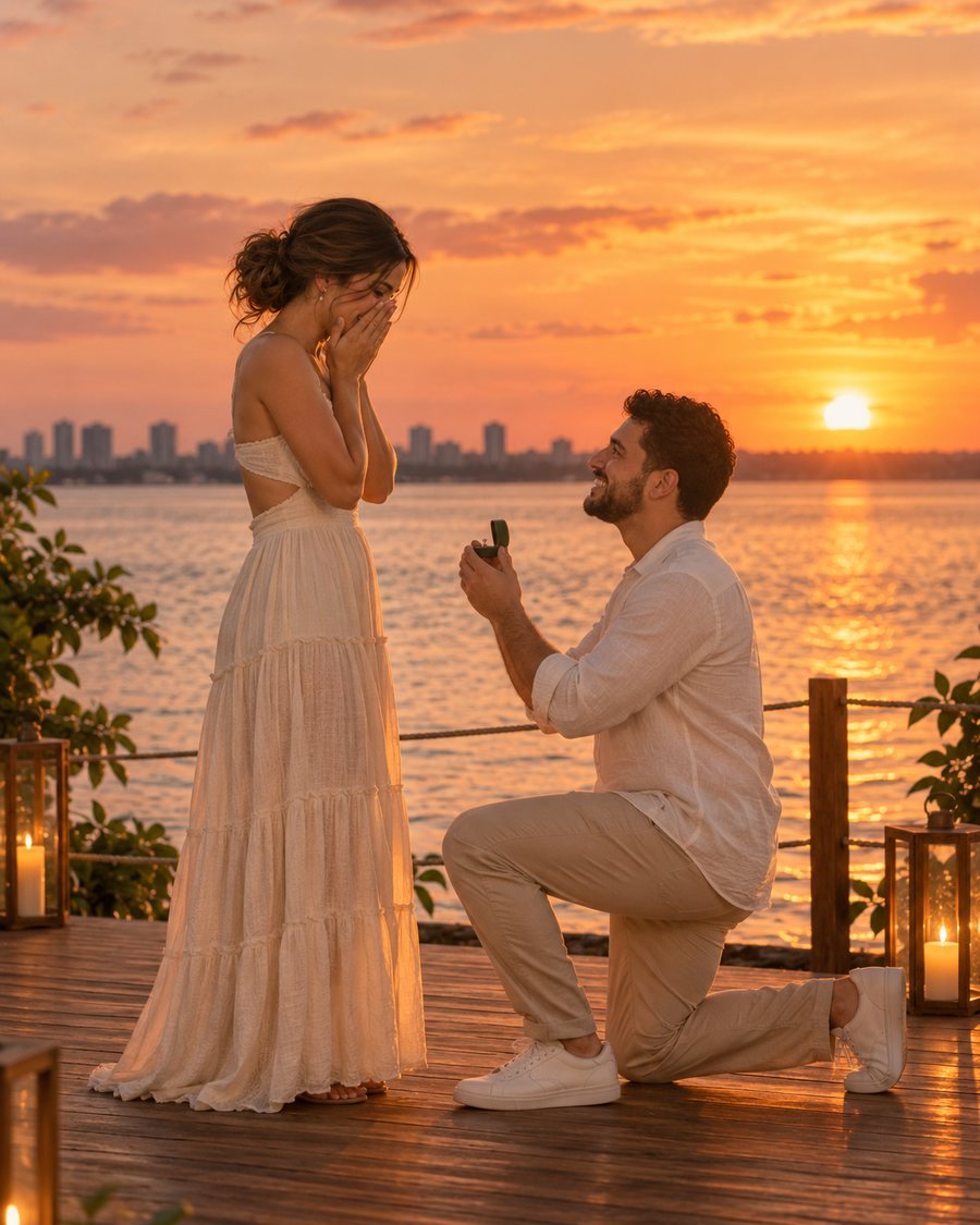 Rafael de joelhos pedindo Larissa em casamento no pôr do sol, à beira do rio